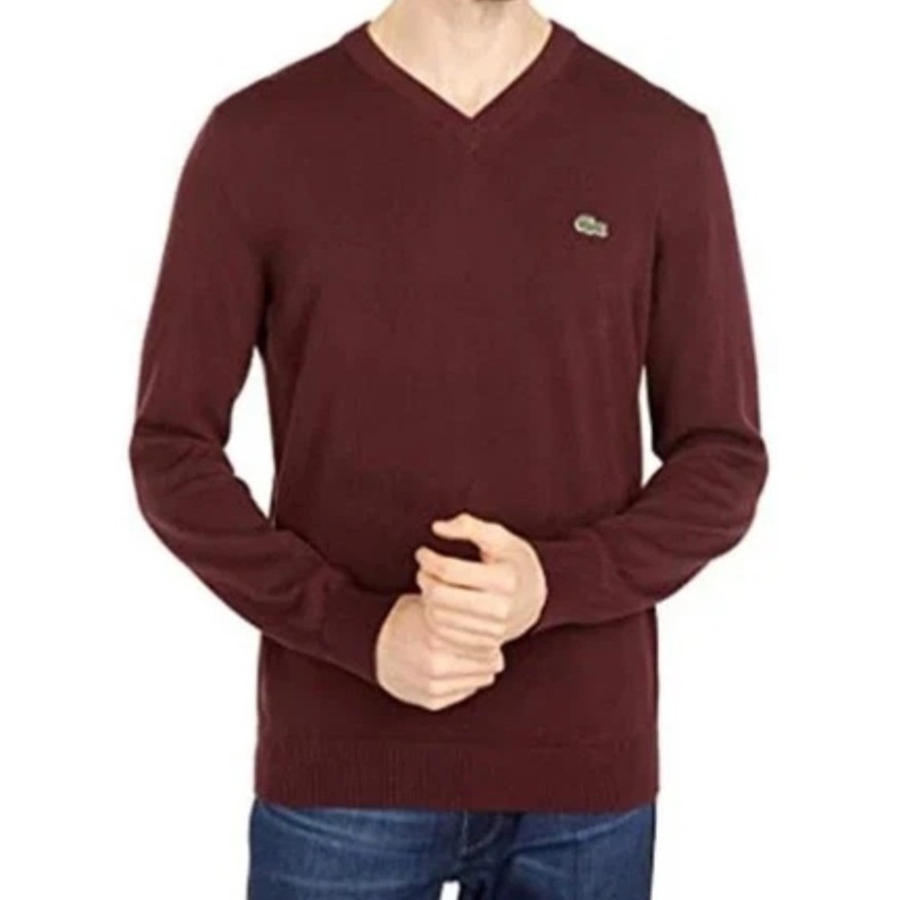 Lacoste V-Neck Sweater Mens L Burgundy Cotton Logo Pullover Preppy,Layering